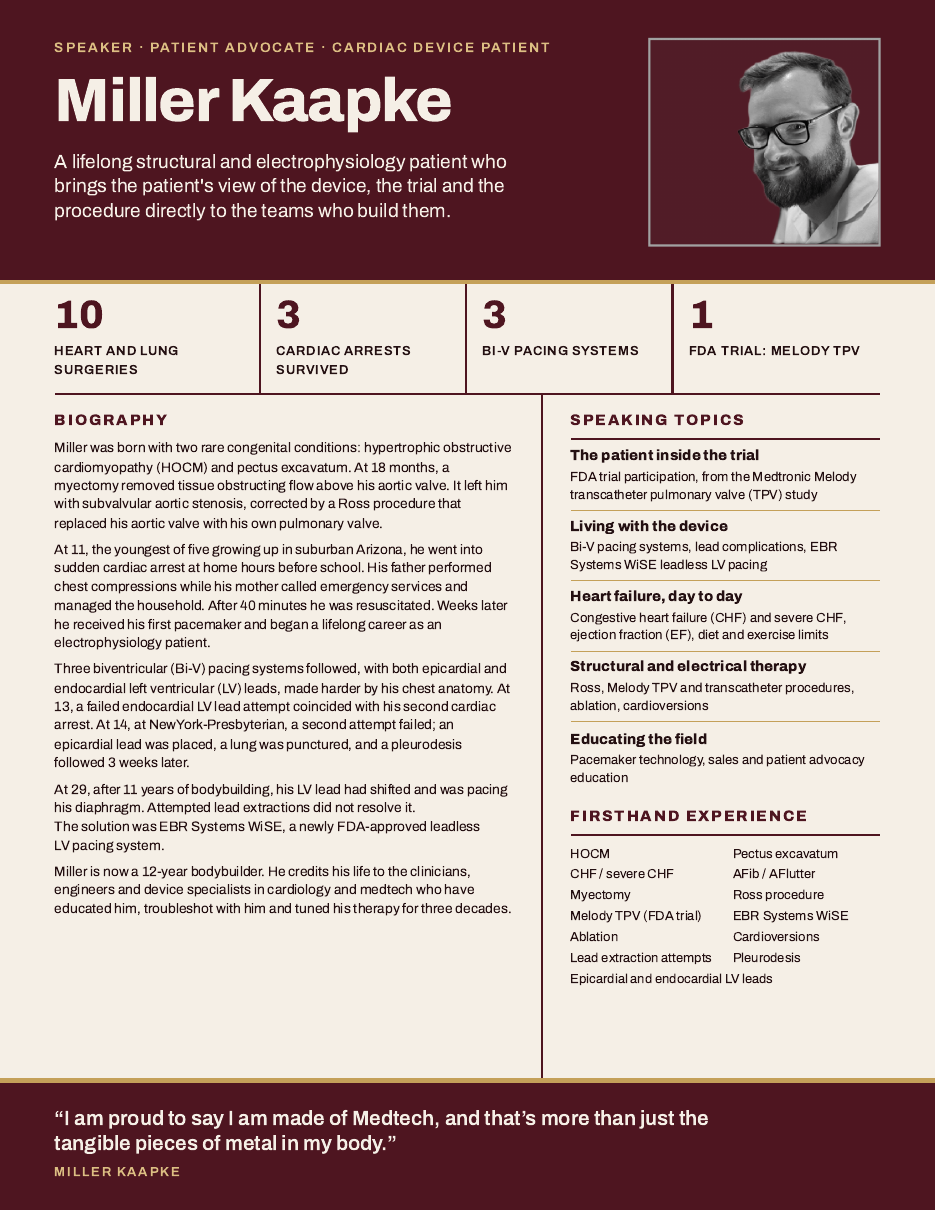 First page of Miller Kaapke's speaker one-sheet
